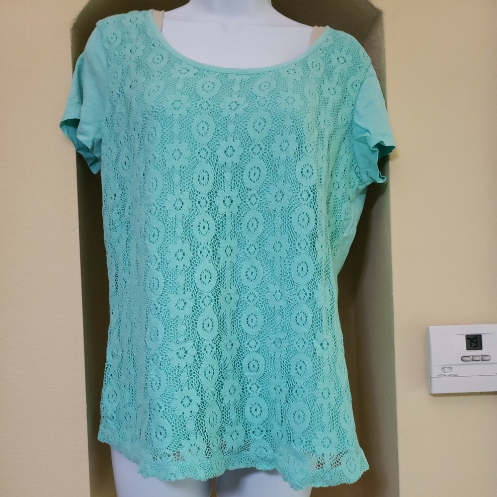 LL Bean Womens Seafoam Green Floral Lace Front Short Sleeve Top Size M 287630